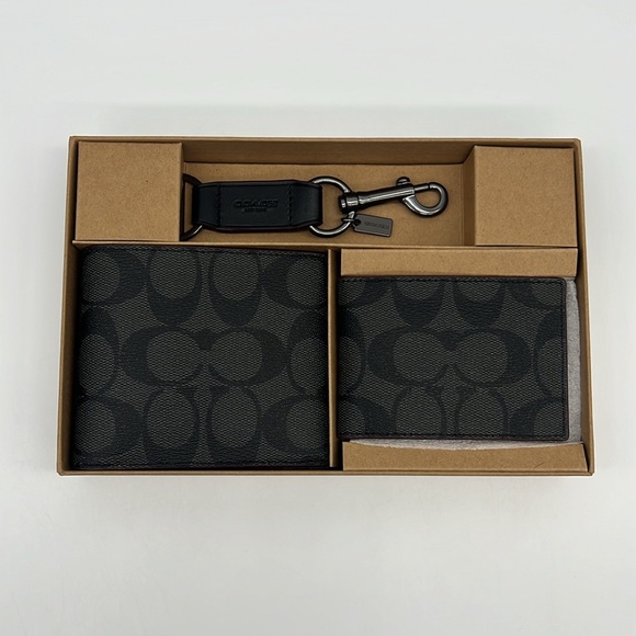 Boxed 3 In 1 Wallet Gift Set In Signature Canvas Black/Oxblood - Picture 2 of 14